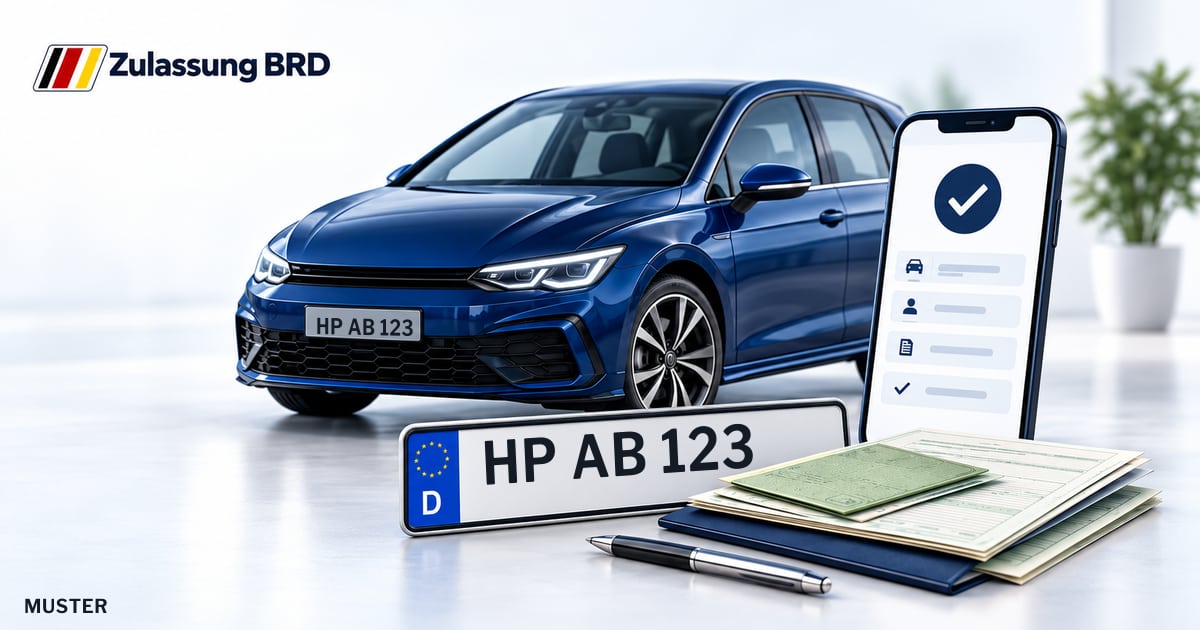 Online Fahrzeugzulassung in Fürth: Musterkennzeichen HP AB 123, Auto und Fahrzeugpapiere und Smartphone. Illustration mit Logo von Zulassung BRD.